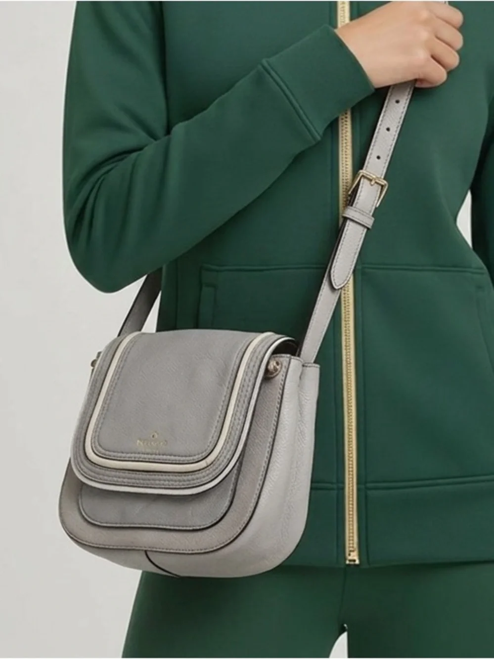 Kate Spade Pebbled Gray Layered Flap Crossbody with Gold Accents